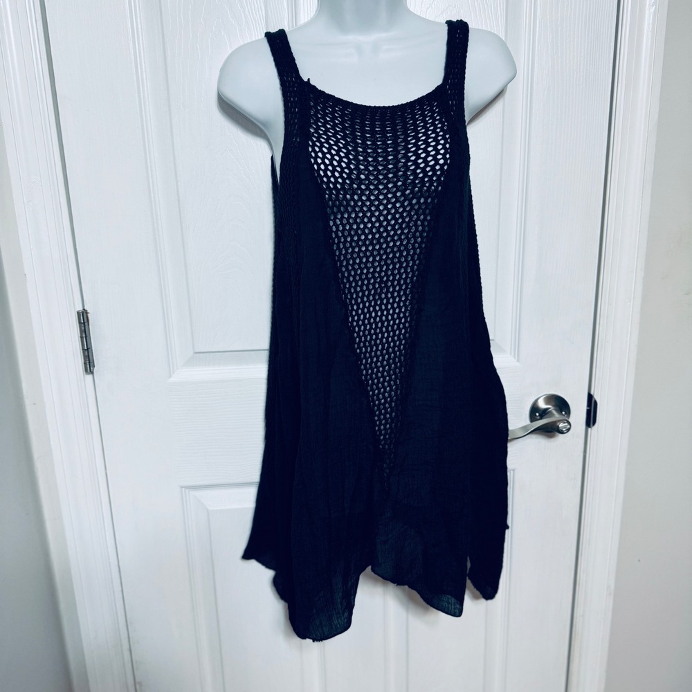 Elan Black Crochet Mesh Gauze Mixed Media Sleeveless Tunic Cover Up Top